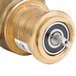 A close up of a brass Cornelius water pump valve with a black knob.