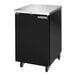 A black counter height solid door back bar refrigerator with a stainless steel top and casters.
