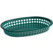 A forest green plastic Tablecraft oval platter basket with holes.