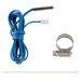 A blue wire with white connectors and a metal clamp.
