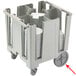 A gray plastic wheel for a Cambro dish caddy with plates in it.