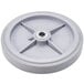 A grey wheel with a plastic hub and a metal hub.