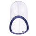 A clear plastic cylinder with a blue rim.