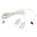 A white rectangular proximity switch with a white cable and red and white connectors.