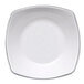 A white square melamine entree plate with black trim.