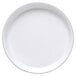 A white Elite Global Solutions round plate with black trim.