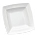 A close-up of an Elite Global Solutions white square plate with a square edge and a white rim.