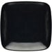 A black Elite Global Solutions square plate with rounded edges and a black rim.