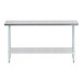 A stainless steel work table with an undershelf and four legs.