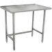 An Advance Tabco stainless steel work table with an open base.