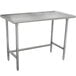 A silver metal Advance Tabco work table with an open base and stainless steel top and legs.