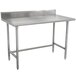 A stainless steel Advance Tabco work table with adjustable legs.