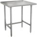 An Advance Tabco stainless steel work table with an open base and a square top.