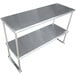 A silver metal double deck overshelf with two shelves.