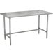 A silver rectangular Advance Tabco work table with stainless steel legs.