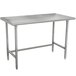 A silver Advance Tabco stainless steel work table with legs.