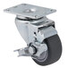 A black metal Cambro swivel caster with a rubber wheel.