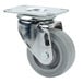 A metal swivel castor with a grey wheel.