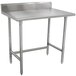 A stainless steel Advance Tabco work table with a 24-in work top and 5-in backsplash.