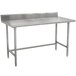A stainless steel Advance Tabco work table with a backsplash and open base.