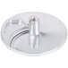 A silver metal Robot Coupe French fry disc with a hole in the center.