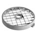 A round metal Robot Coupe dicing grid with a grid pattern on it.