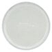 A white round Cambro fiberglass tray with a white rim and text in the middle.