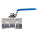 A stainless steel ball valve with a blue handle.