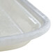 A white rectangular fiberglass Cambro tray with an antique parchment silver design.