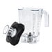 A clear plastic Hamilton Beach blender jar with a black lid.