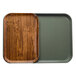 A Cambro fiberglass tray with Java teak wood grain inserts.