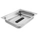 A stainless steel 1/2 size hotel pan dome cover with a black handle.