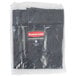 A black Rubbermaid replacement bag for a cart with a red and white label.