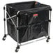 A black Rubbermaid laundry cart on wheels.