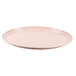 A white fiberglass cafeteria tray with a light peach rim.