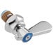 A chrome faucet with a blue and white handle.