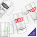 A group of clear plastic GET beer mugs with a red logo.