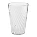 A clear plastic tumbler with a curved design.