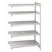 A white Cambro Camshelving® Premium vented add on shelf with four shelves.