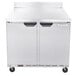 A silver stainless steel Beverage-Air worktop freezer with two doors.