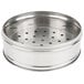 A silver circular stainless steel dim sum steamer with holes.