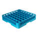 A blue plastic glass rack with 49 compartments for holding and washing glassware.