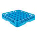 A blue plastic glass rack with 36 compartments for holding and washing glassware.