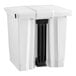 A white plastic Rubbermaid rectangular step-on trash can with black handles.