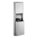 A silver rectangular Bobrick paper towel dispenser and waste receptacle with a door open.