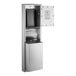 A silver rectangular Bobrick paper towel dispenser and waste receptacle with a door open.