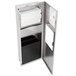 A stainless steel Bobrick TrimLineSeries recessed cabinet with a paper towel dispenser and waste receptacle.
