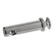 A nickel plated metal faucet stem with a hole and a screw with a nut on it.