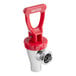 A Bunn water valve with a red plastic handle on a metal pipe.