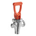 A Bunn chrome faucet assembly with an orange handle and cleanout port.